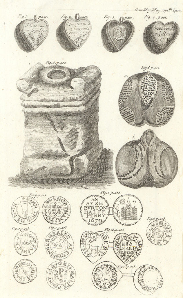 Charles I Silver Heart Memorial. Clifton, Yorkshire Roman Altar. Echinus 1791